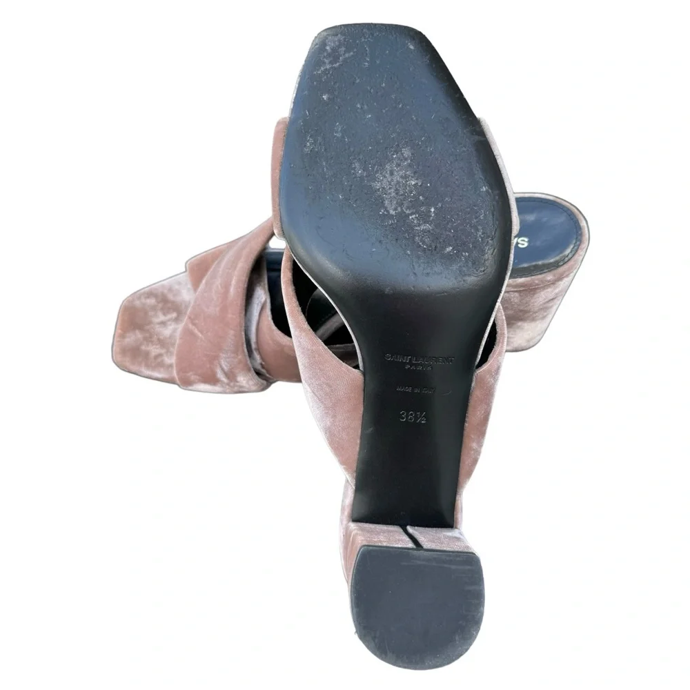 Saint Laurent Loulou Velvet Sandals Pink Crossover Strap Block Heel Mules Womens - Picture 16 of 17
